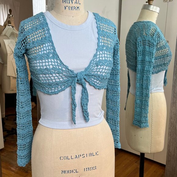Knit Crochet Bolero Wrap - Blue – Hand-made-No seams, Size Small - Picture 1 of 8